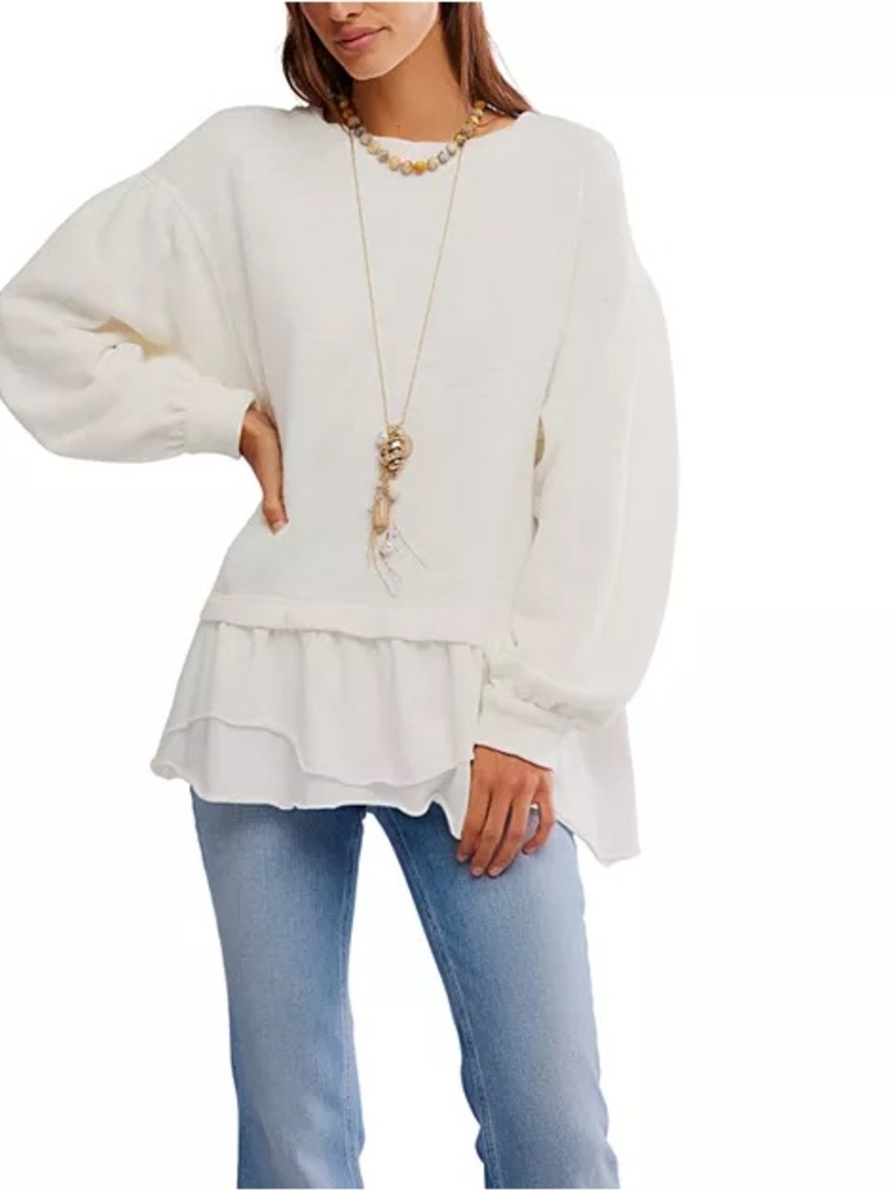 Free People Maddie Layered Hem Sweater Size Small White Slouchy Cozy Long Sleeve - Picture 3 of 14